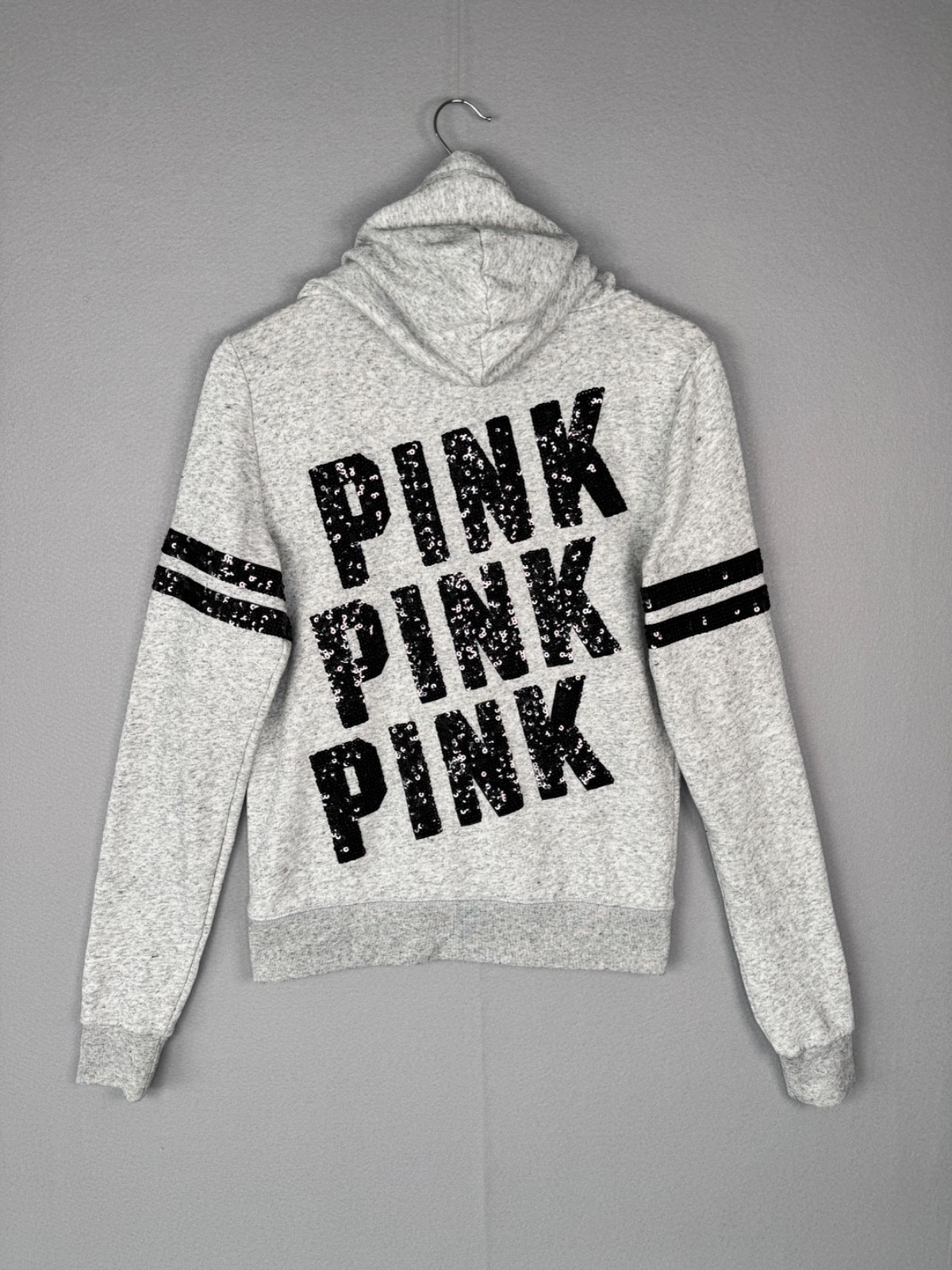 Victoria’s Secret PINK Bling Full Zip Hoodie Size S Gray Marl Sequin Logo Fleece