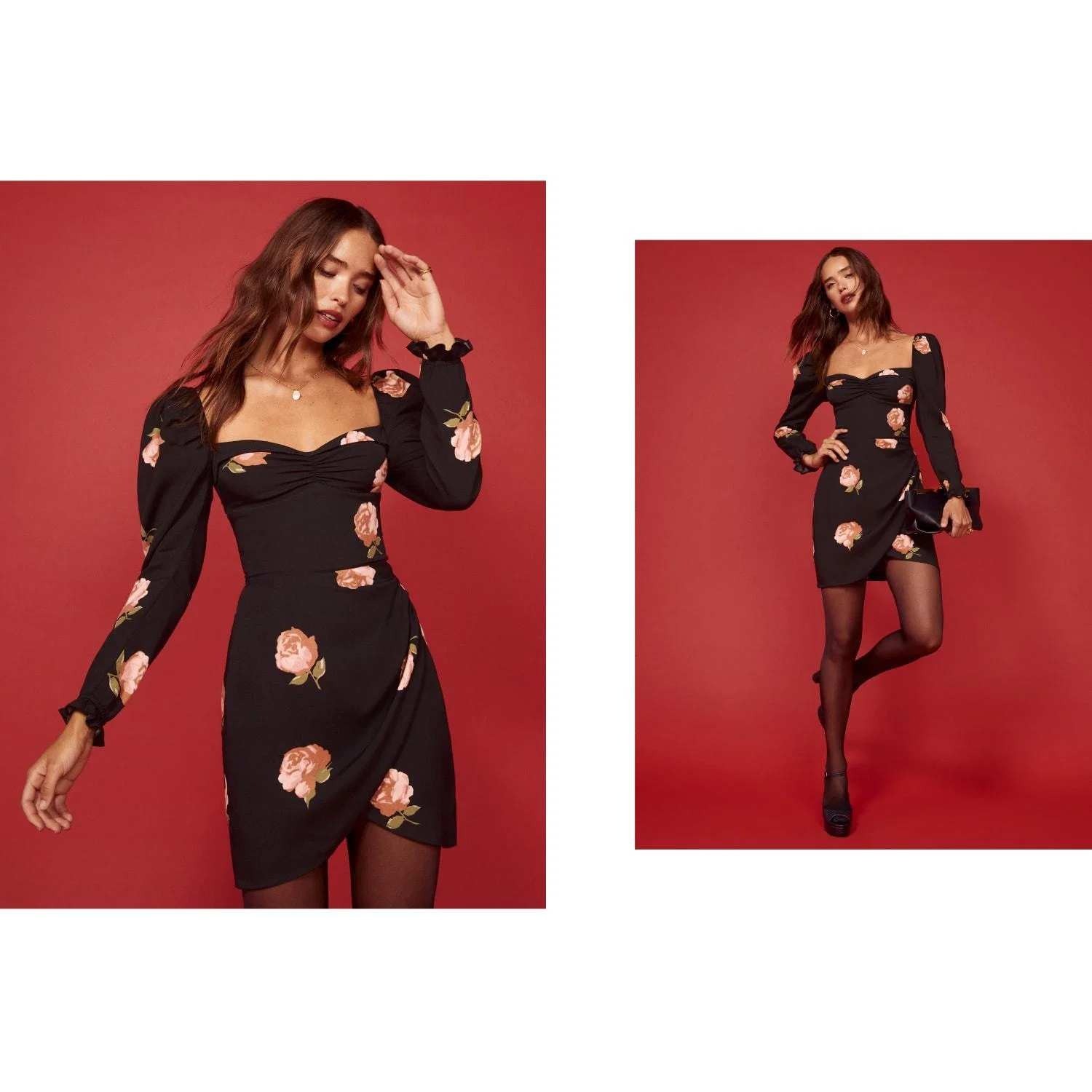 Reformation Amala Floral Puff Sleeve Mini Dress Black Pink Sweetheart Size 2