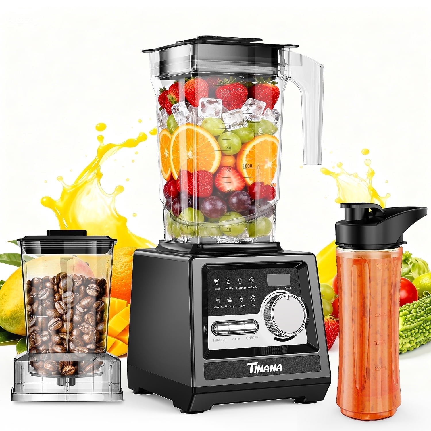 TINANA HB002C 2-in-1 Blender Grinder Combo, 1800W Motor, 68 Oz Pitcher, 27 Oz