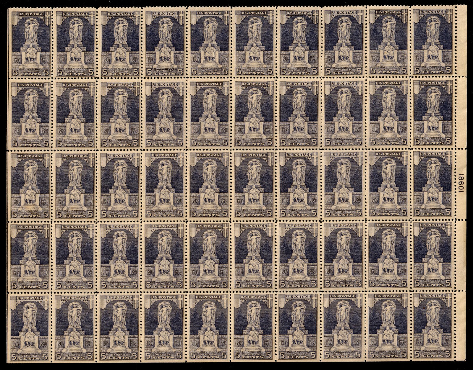 US #628 1926 5c Statue of John Ericsson, Full Sheet of 50.  MNH F-VF (CV $650)