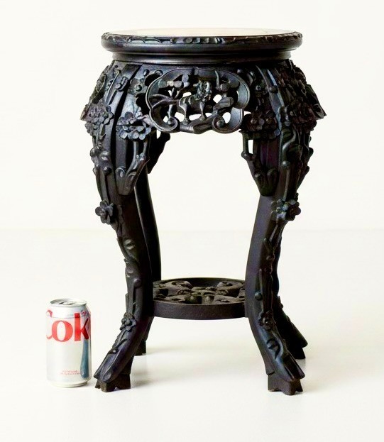 Late Qing Chinese Carved Rosewood Stand Rose Marble and Ornate Imperial Foo Dogs Late Qing Chinese Carved Rosewood Stand Rose Marble and Ornate Imperial Foo Dogs