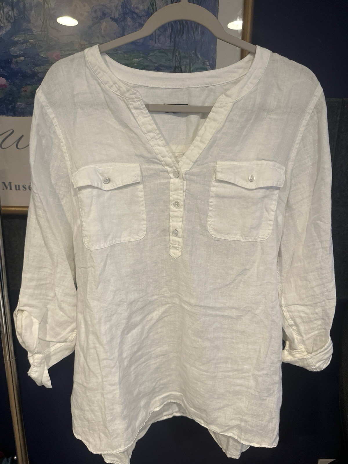 Talbots Women’s White Solid Linen Woven V-Neck 3/4 Sleeve Pullover Blouse L Talbots Women’s White Solid Linen Woven V-Neck 3/4 Sleeve Pullover Blouse L