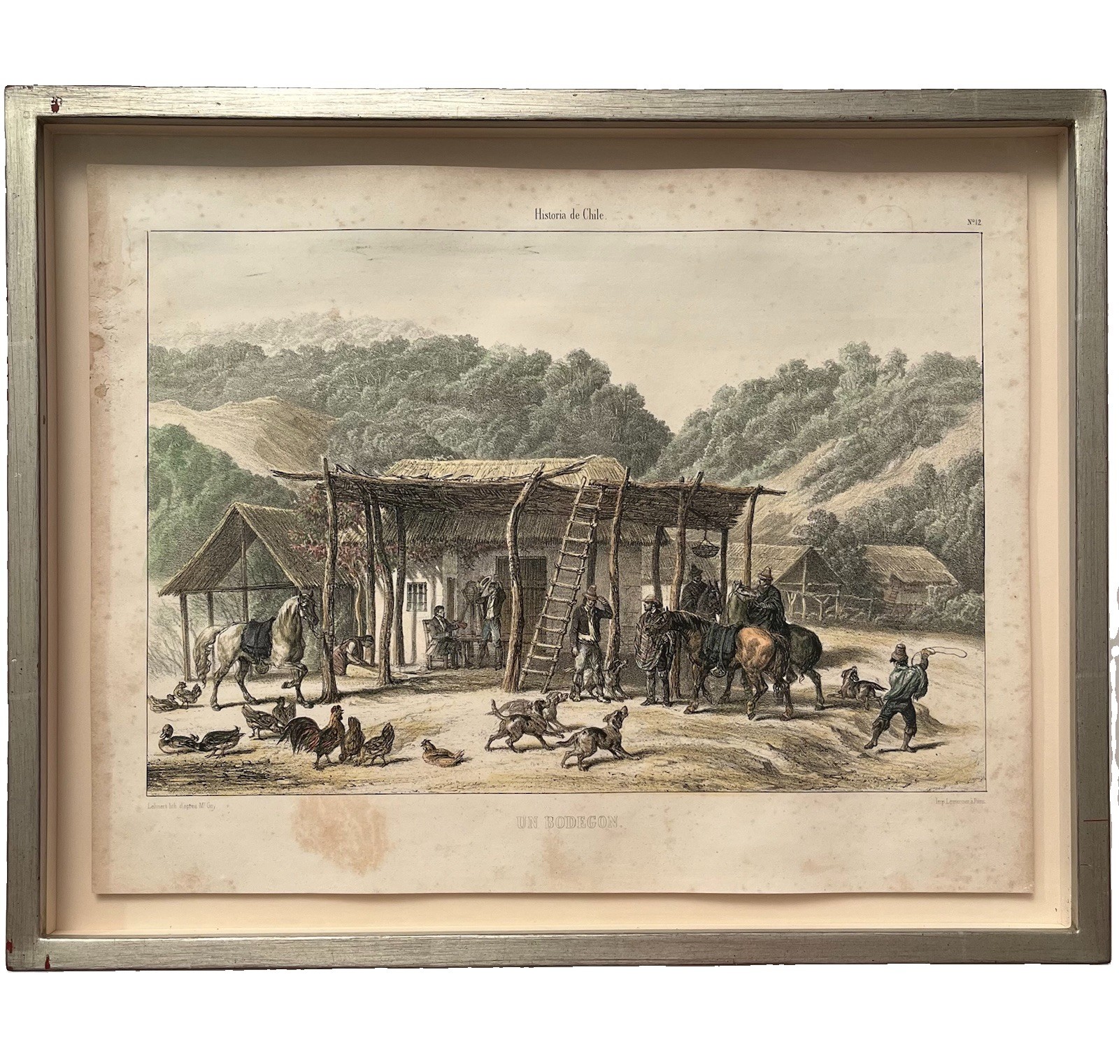 1854 Claudio Gay Color Lithograph Un Bodegon Historia de Chile Framed