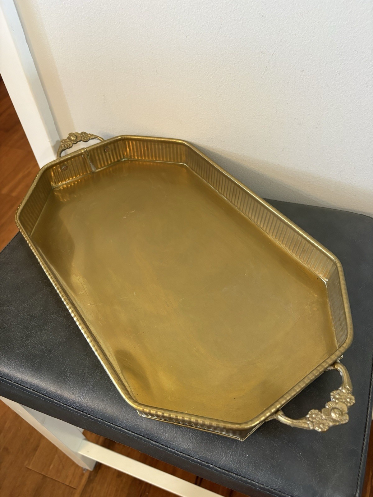 Vtg MCM Hollywood Regency Brass Octagon Lg Serving Tray Ornate Handles Fluted Vtg MCM Hollywood Regency Brass Octagon Lg Serving Tray Ornate Handles Fluted