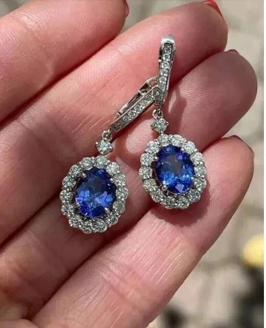 6.40Ct Oval Cut Natural Tanzanite & Diamond 14K White gold Luxurious Earring