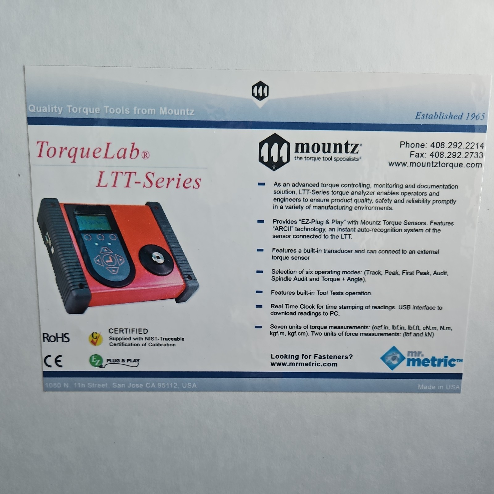 New Mountz LTT-2100, 50F Torque Lab Analyzer 5LBF.FT MIN 50LBF.FT MAX 068405 FSH New Mountz LTT-2100, 50F Torque Lab Analyzer 5LBF.FT MIN 50LBF.FT MAX 068405 FSH