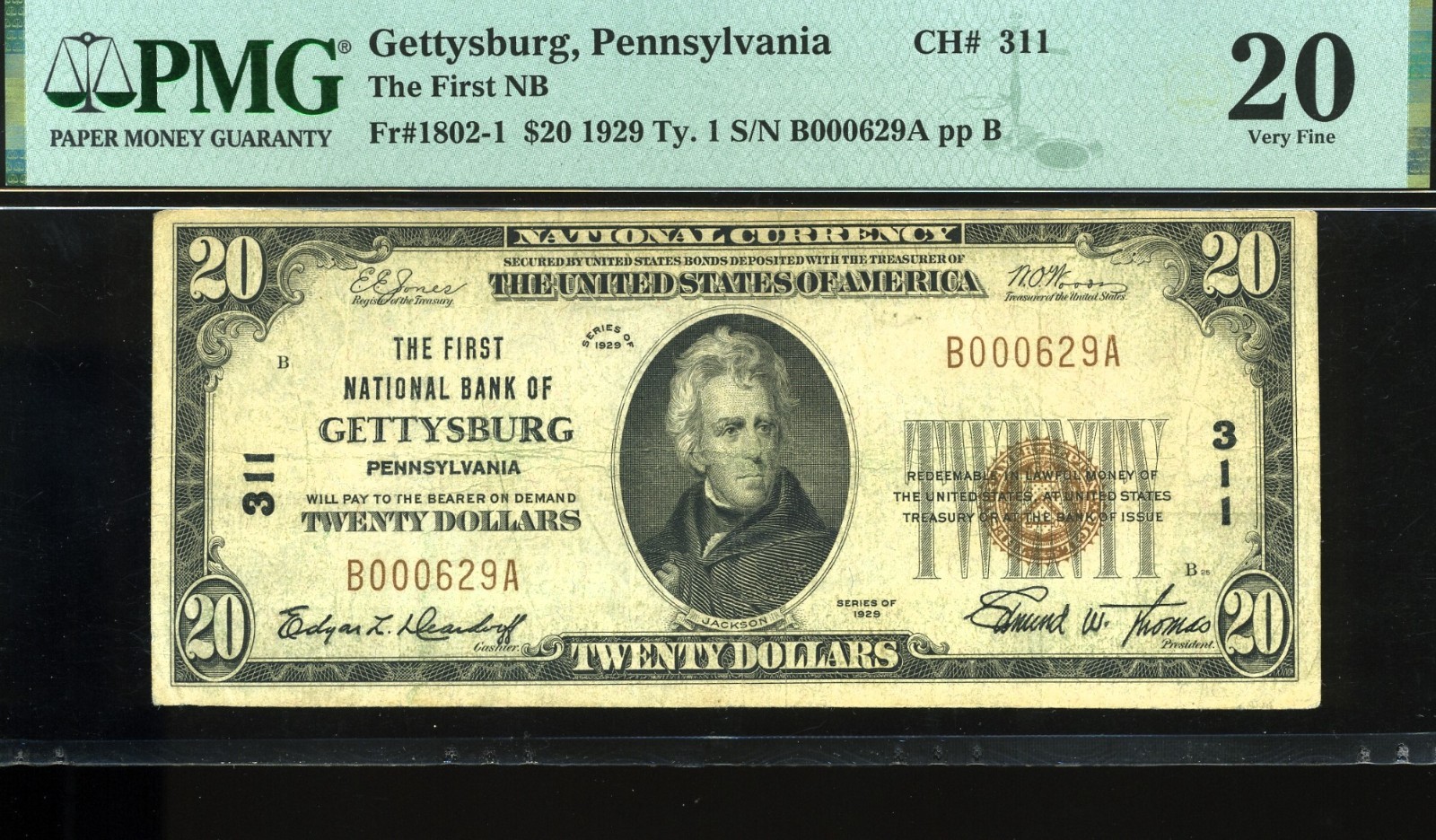 1929 $20 1ST NB OF GETTYSBURG PA