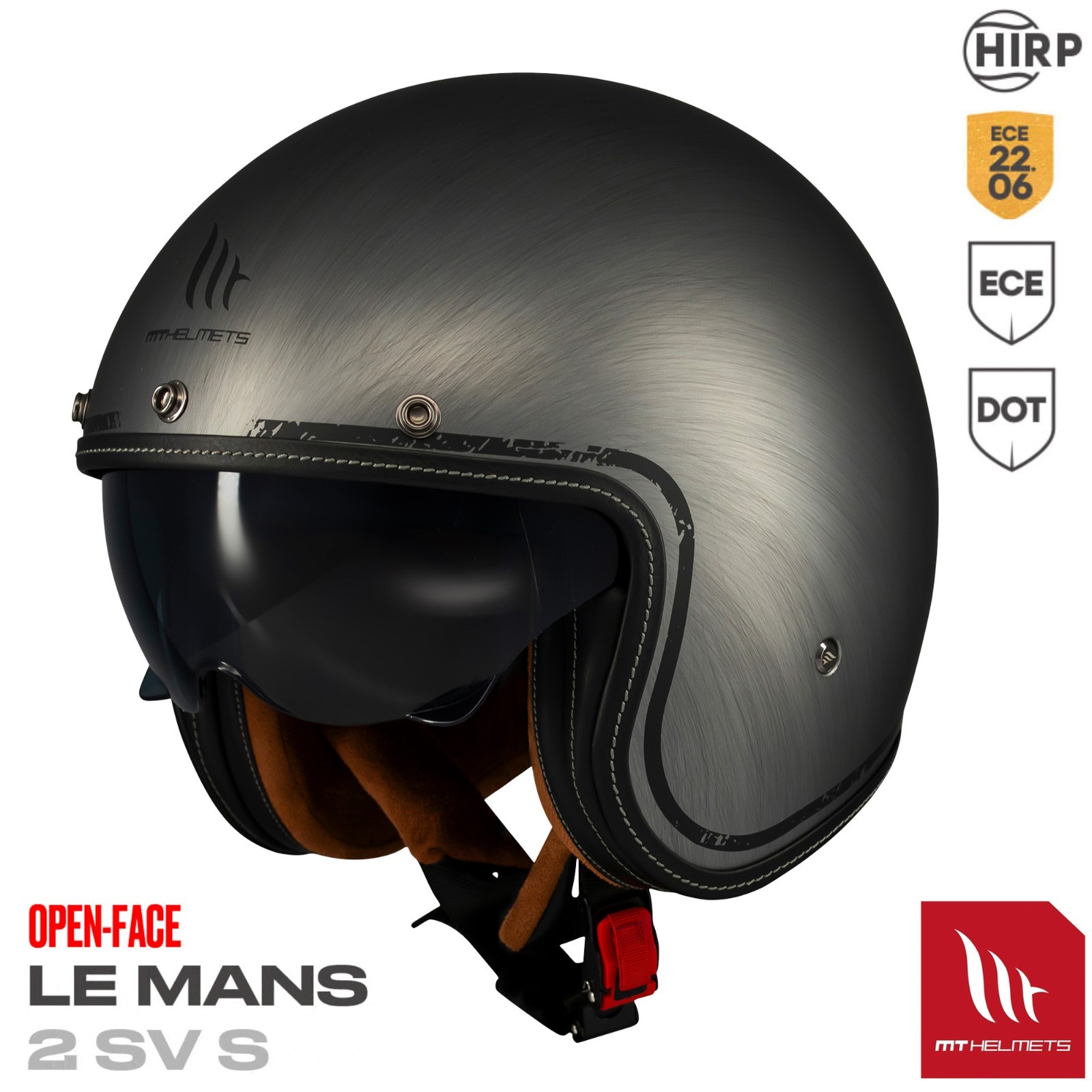 MT Le Mans 2 SV S Open Face Scratched Chrome A2 Motorcycle Helmet Matt Grey