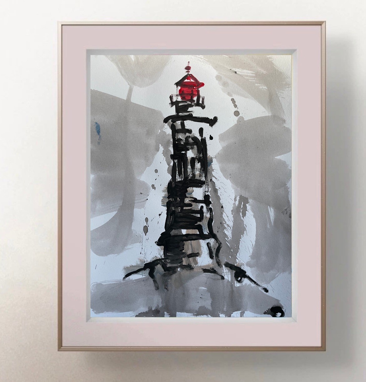 Original Abstract Lighthouse Painting 9x12 Modern Nautical Coastal Fine Art