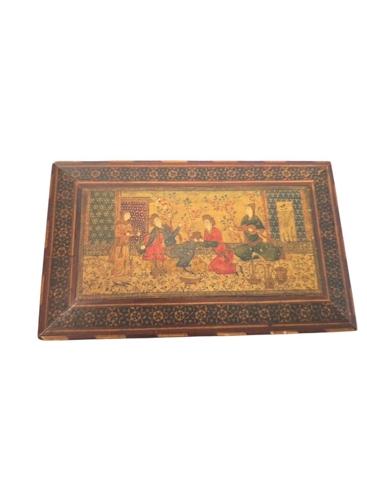 Vintage Iran Persian Inlaid Box Hand Painted Wood Detailed 5.75\ Vintage Iran Persian Inlaid Box Hand Painted Wood Detailed 5.75\