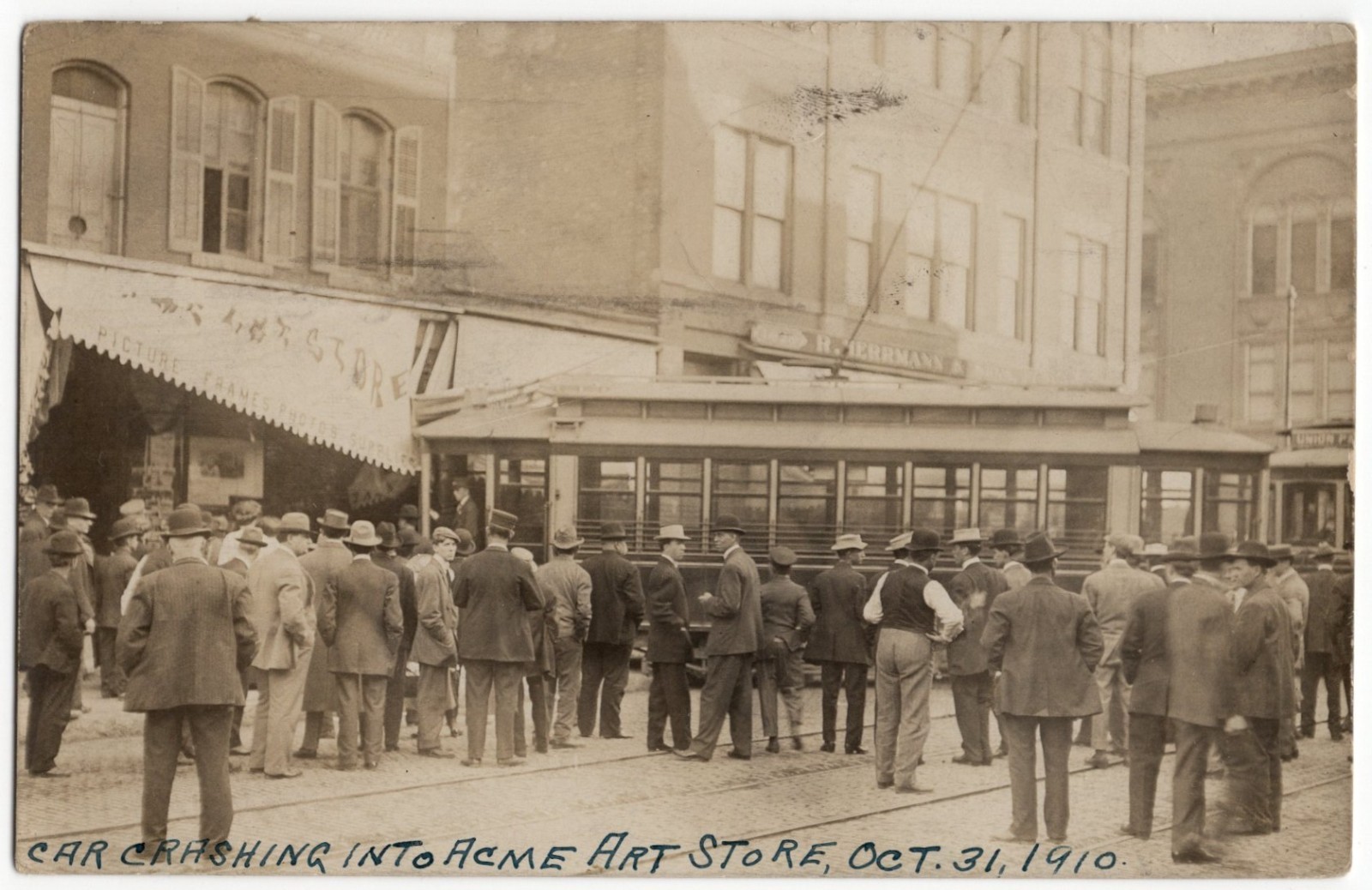 1910 Dubuque Iowa Train / Trolley Car Crash Into Acme Store RPPC Photo Postcard 1910 Dubuque Iowa Train / Trolley Car Crash Into Acme Store RPPC Photo Postcard