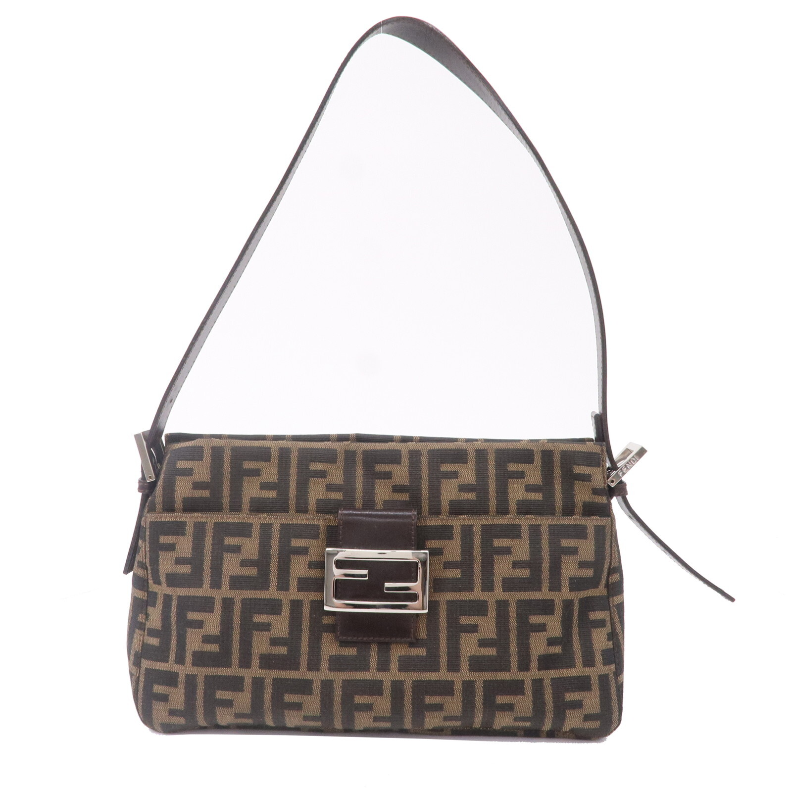 FENDI Zucca Shoulder Bag Khaki Brown Black Canvas Leather 26566 Auth Used