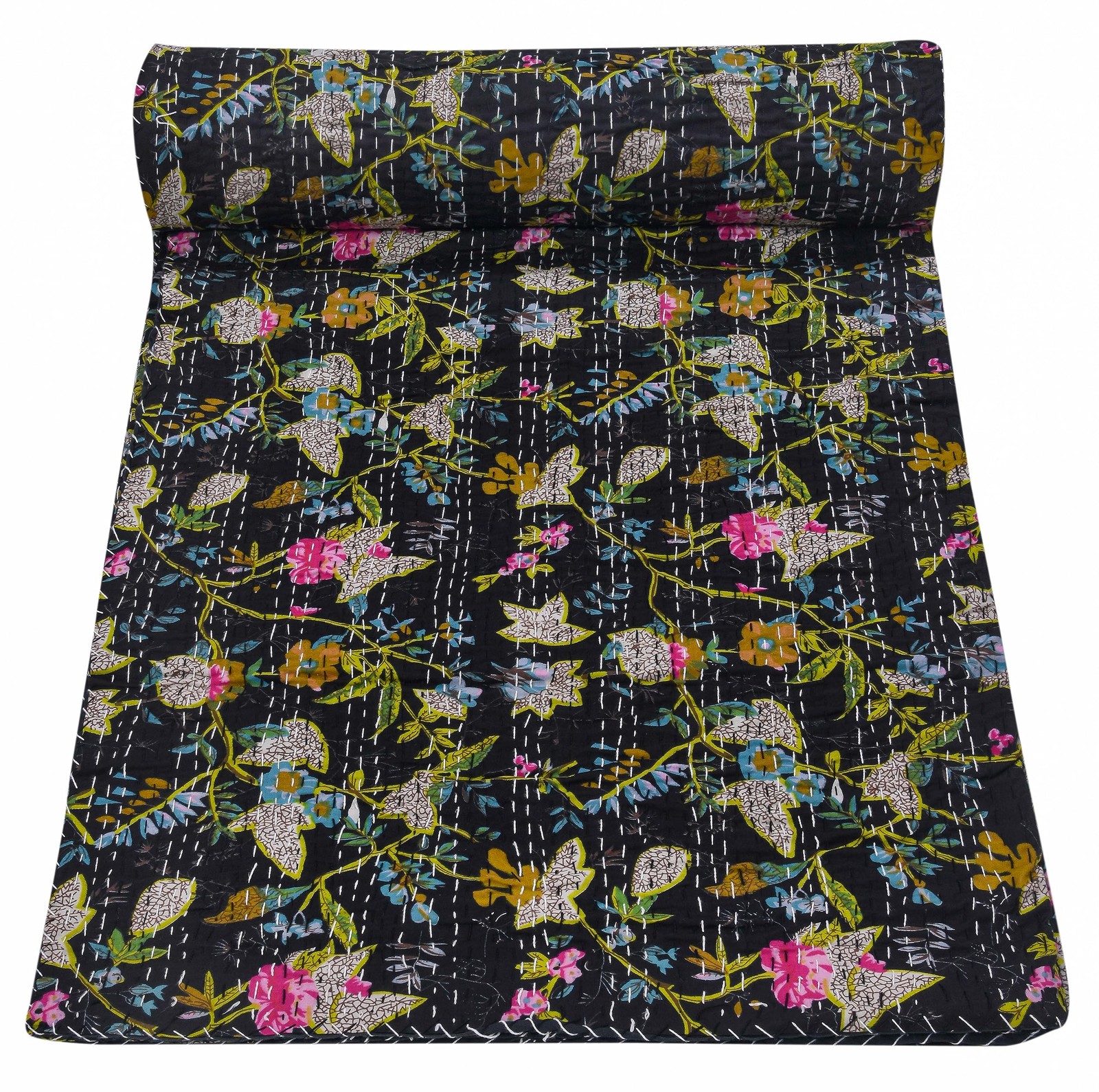 Marubhumi Indian Handmade Vintage Kantha Paradise Quilt Black Queen 90x108 Marubhumi Indian Handmade Vintage Kantha Paradise Quilt Black Queen 90x108