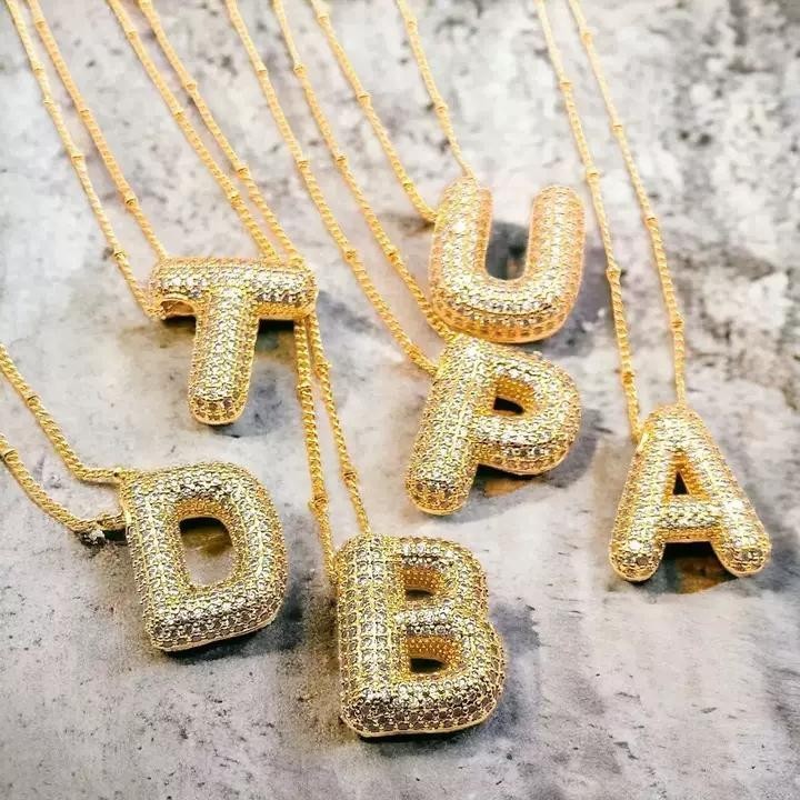 Bling Bling Initial Necklace Gold Tone - Fully Iced Bubble Letter Pendant A-Z