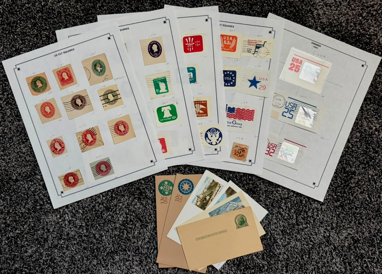 47 US Cut Squares and 6 unused postal cards and stationery 1899-1974