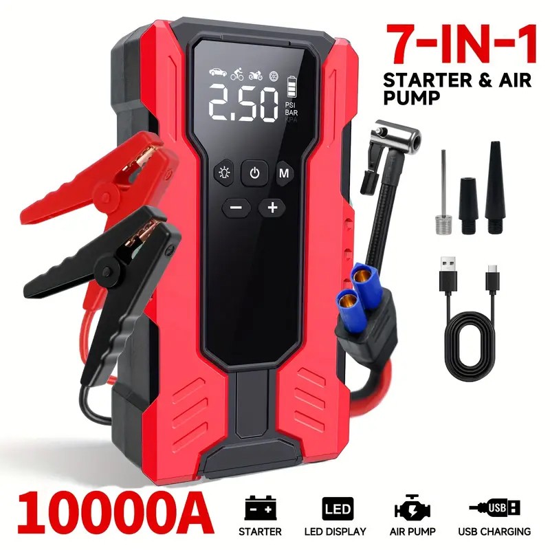 10000A Car Jump Starter with Air Compressor 12V & 150PSI Battery Phone Bank Red