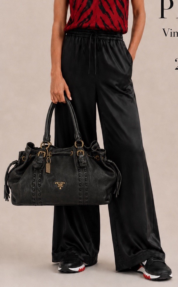 Authentic Prada Vintage Vitello Large Satchel Tote Black Deerskin Leather