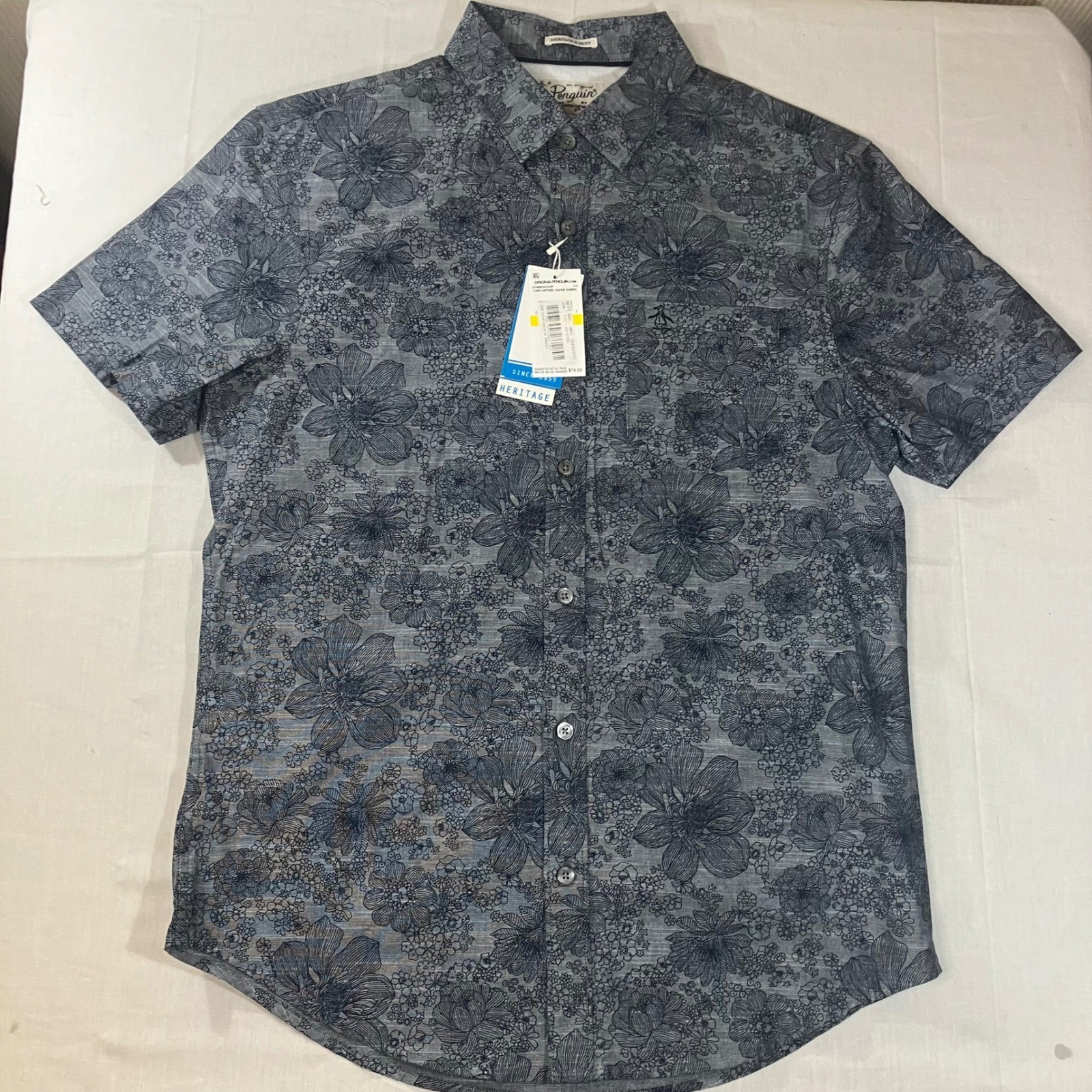 Original Penguin Mens Floral Short Sleeve Button Up Shirt Dark Sapphire M NEW