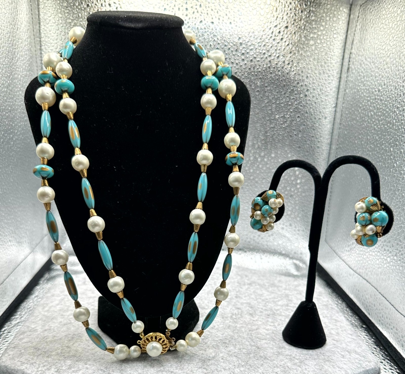 Vintage Aqua Blue Faux Pearl Double Strand Necklace Clip Earrings Set