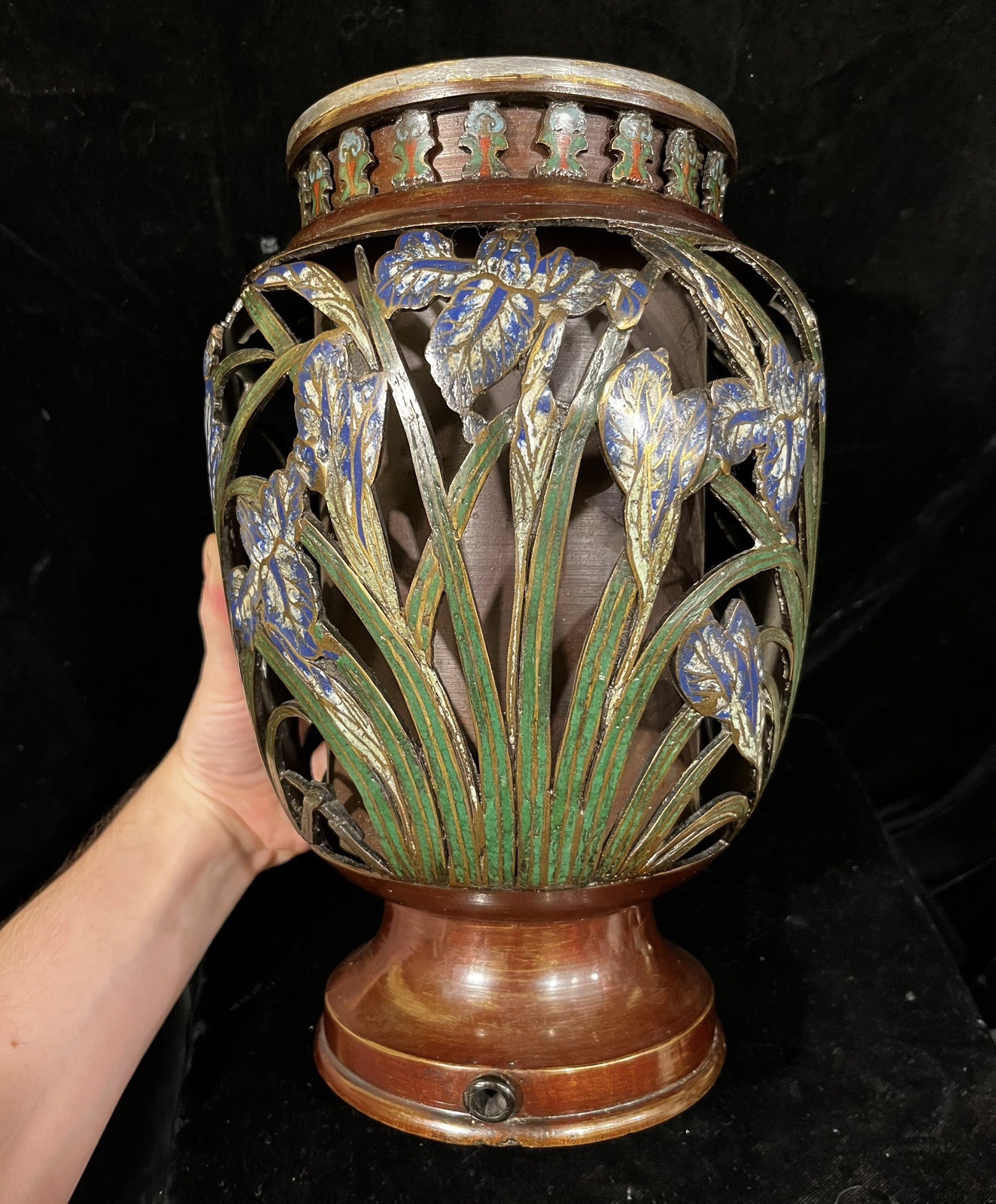 RARE Antique OPENWORK CUTOUT Japanese Cloisonne Iris Vase READ Reticulated