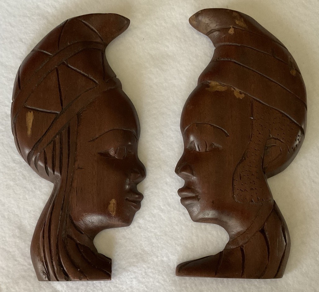 Vintage Pair African Hand Carved Wood Wall Art Man Woman Face To Face 11”