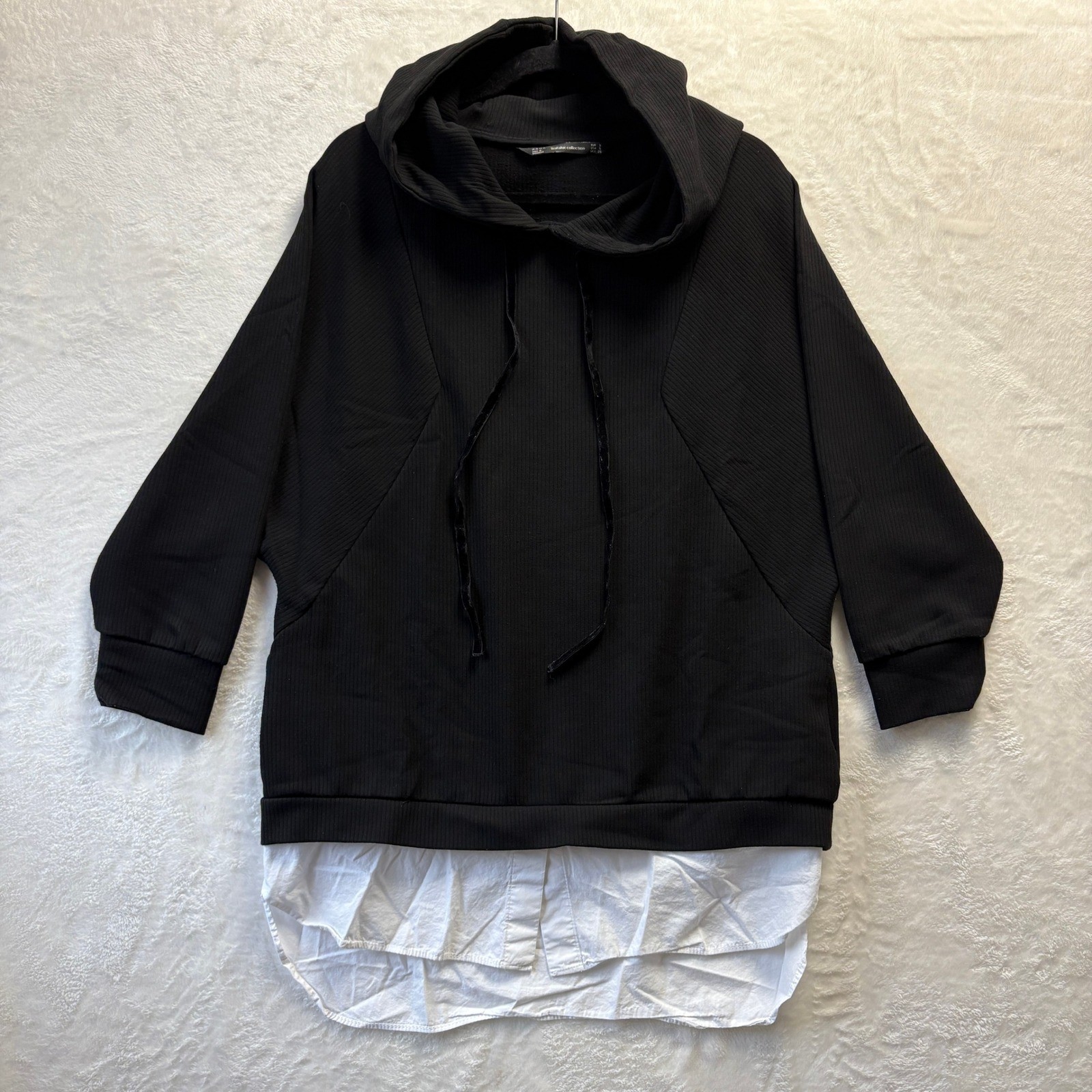 ZARA Trafaluc Collection Black Ribbed Hoodie Shirt Sz Small White Layered Hem