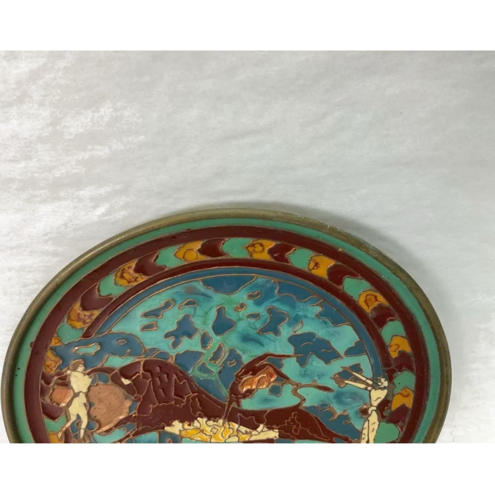 Vintage Greek Enamel on Bronze Plate Turquoise Bull-Hunt Figures Greece