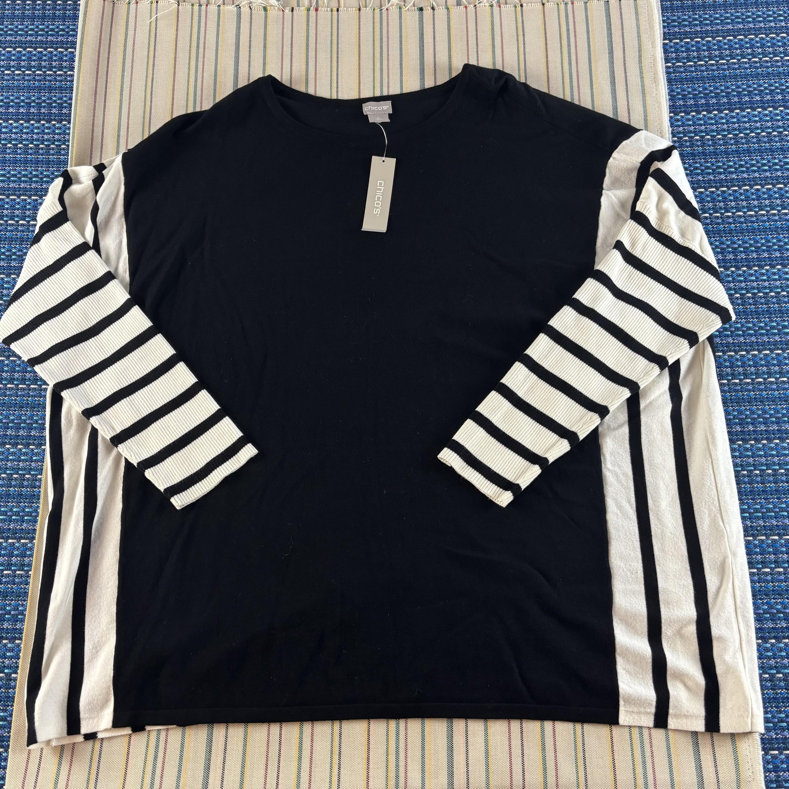 Chico\'s Sweater Womens 2XL Chico\'s 4 Black White Stripe Blocked 1/2 Sleeve NWT