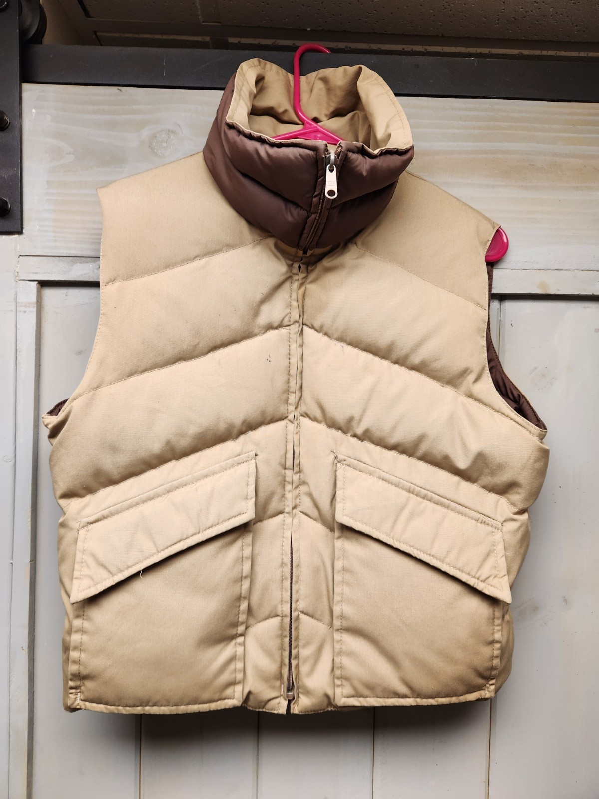 Vintage 70s 80s Franconia Reversible Down Vest Men\'s L Chevron Puffer Tan Brown