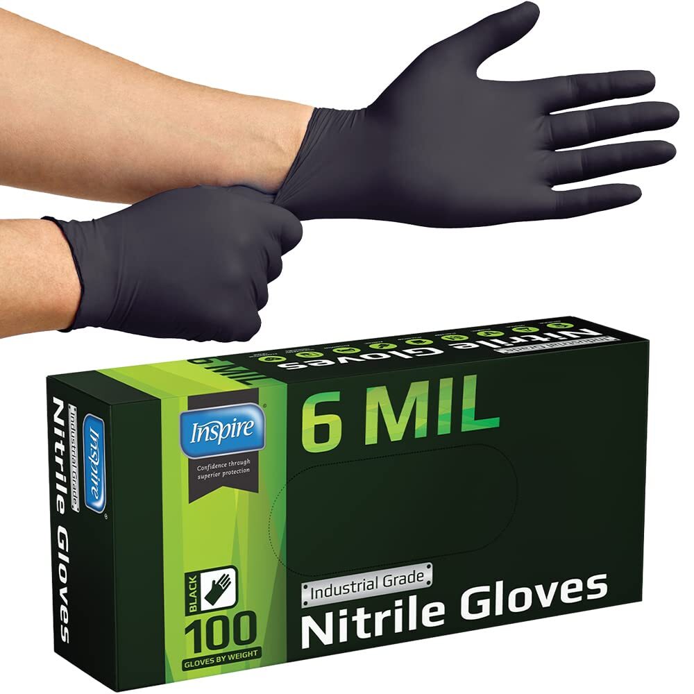 Inspire Black Nitrile Gloves HEAVY DUTY 6 Mil Nitrile Chemical Resistant Medi...