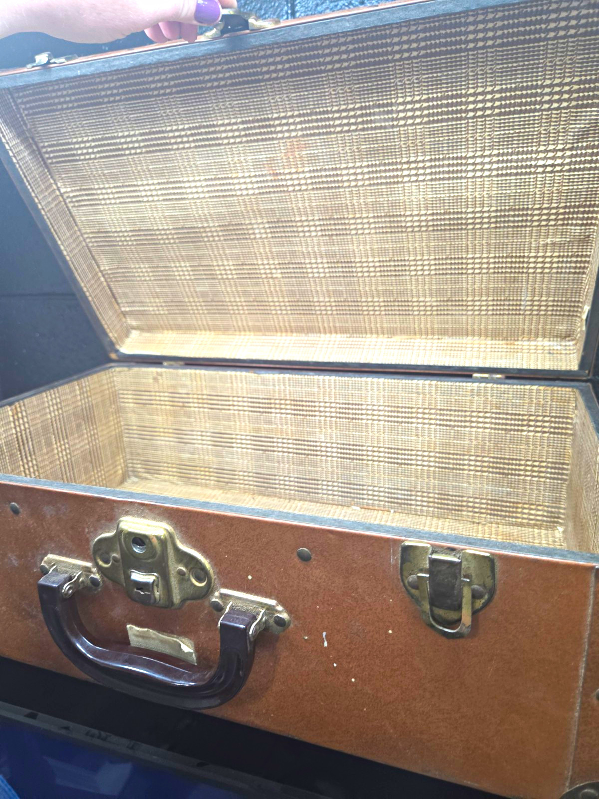 1950s True Vintage Brown Vinyl Hard-Sided Suitcase Luggage, Locking