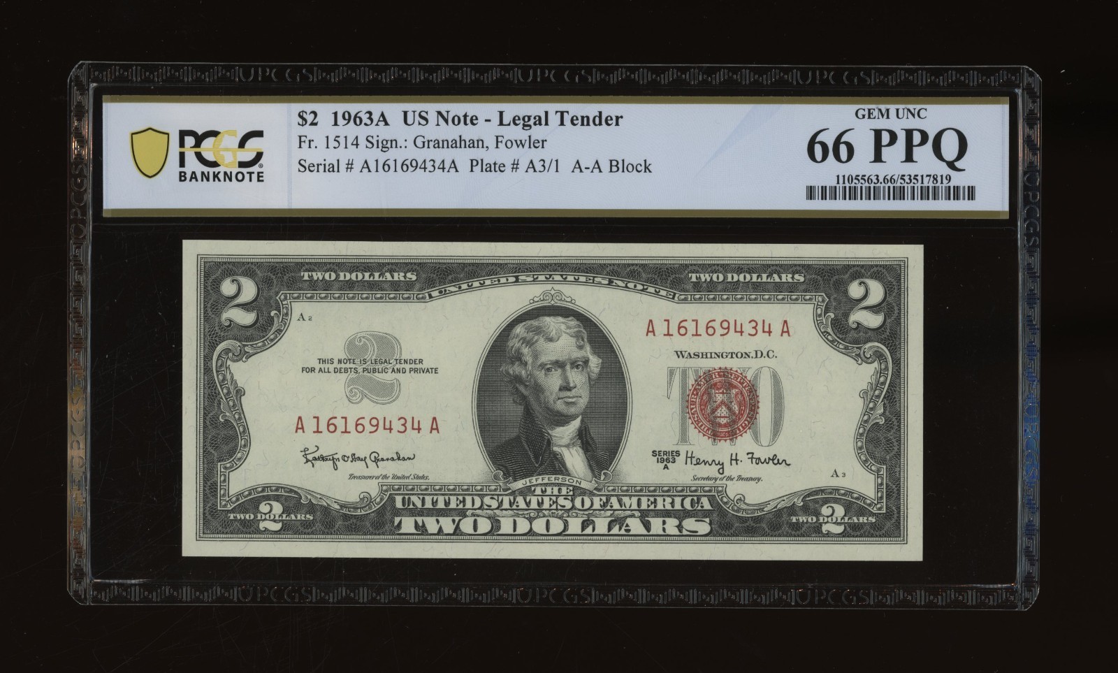 DBR 1963-A $2 Legal Gem Fr. 1514 PCGS-B 66 PPQ Serial A16169434A