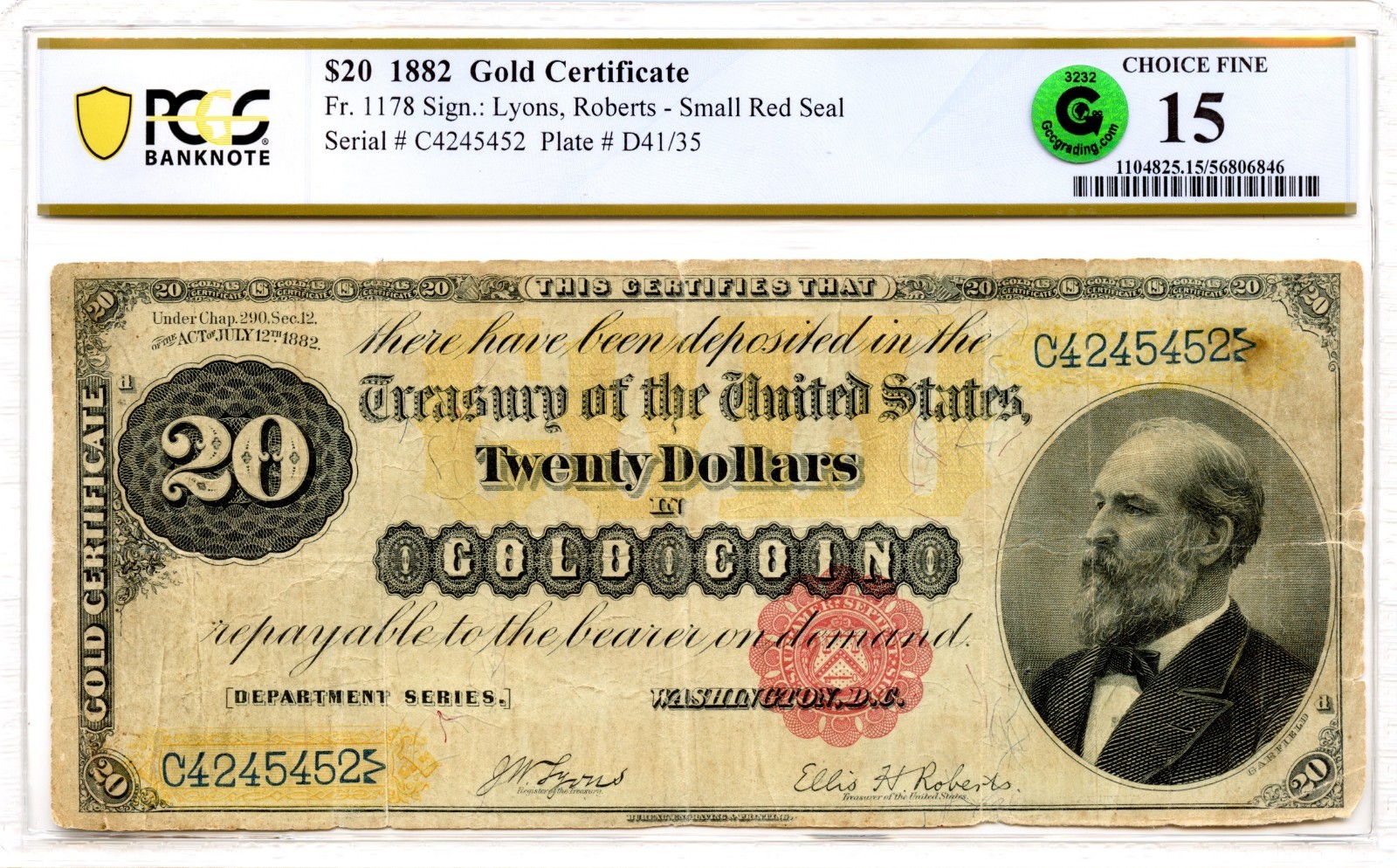1882 $20 Gold Certificate Fr#1178 PCGS F-15 GCC Green 1882 $20 Gold Certificate Fr#1178 PCGS F-15 GCC Green