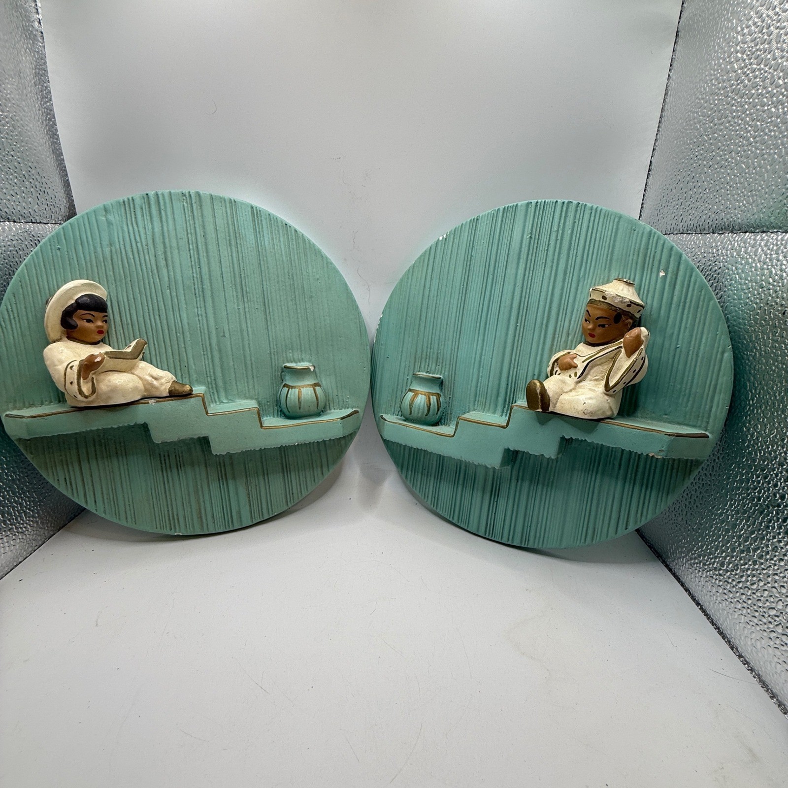Vintage Mid Century Chalkware Wall Plaques Set of 2 Asian Figures Teal Gold 8.5