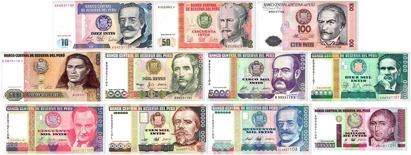 Peru 10-1 Million Intis 11 Pieces Set, 1987-1990, P-129-148, UNC Peru 10-1 Million Intis 11 Pieces Set, 1987-1990, P-129-148, UNC