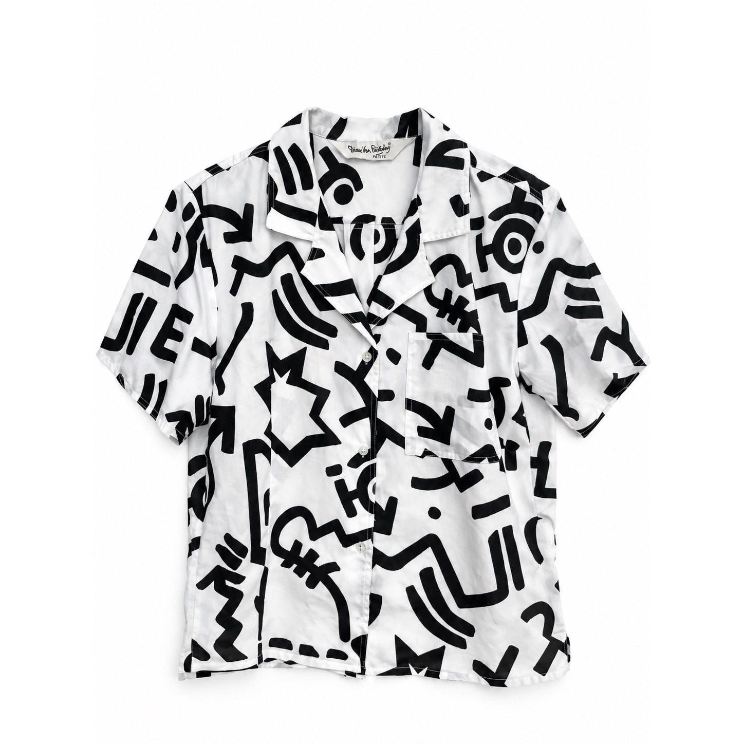 Vintage Diane von Furstenberg DVF Graphic Camp Shirt Black White Petite Size 12