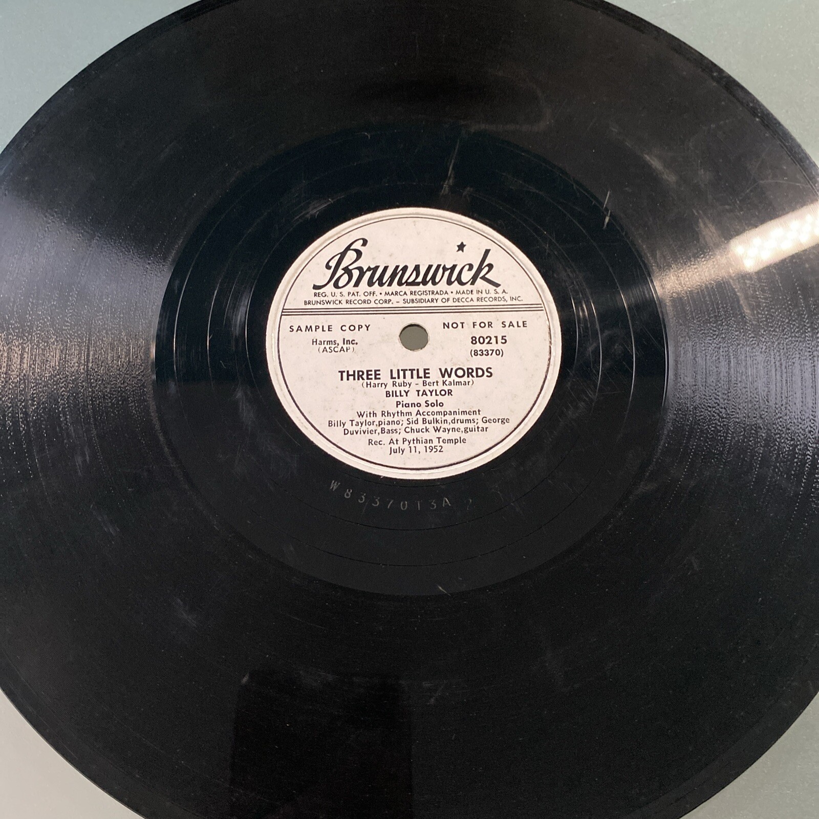 1952 JAZZ BOP Billy Taylor 78 rpm BRUNSWICK 80215 Three Little Words PROMO  E
