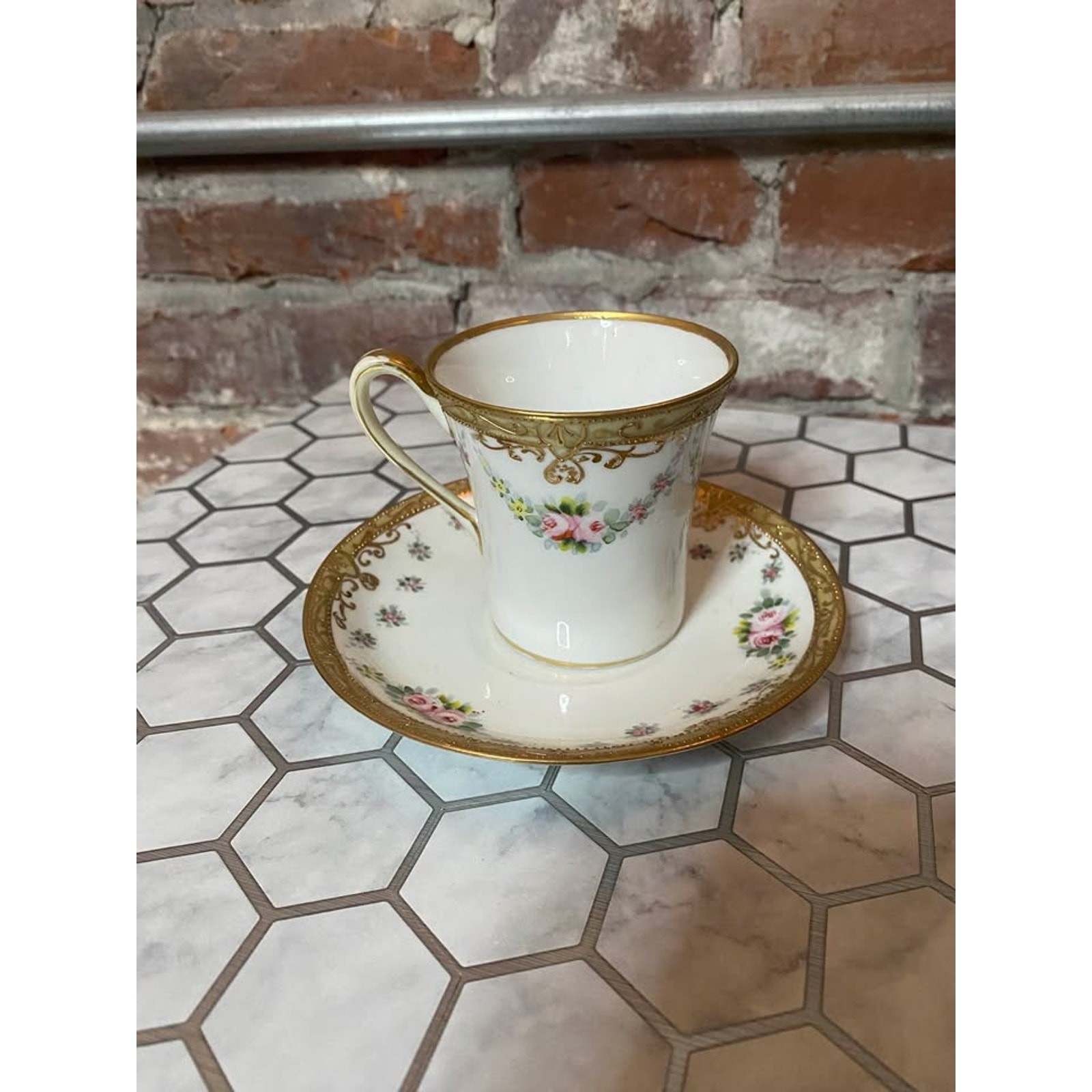 6 Antique Nippon Hand Painted Porcelain Tea Cup Floral Gold Trim  1891-1921