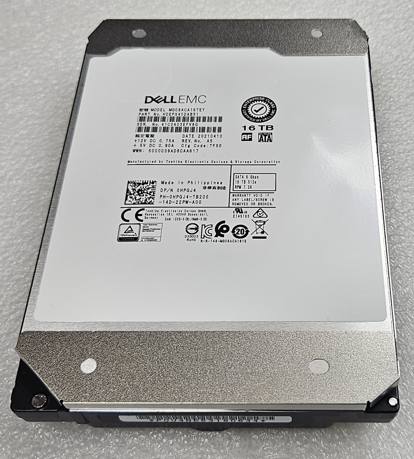 Dell 0HPGJ4 Toshiba MG08ACA16TEY 16TB 7.2K RPM 512e 6Gb/s 3.5\