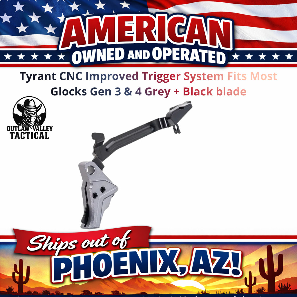 Tyrant CNC Improved Trigger System Fits Most Glocks Gen 3 & 4 Grey + Black blade Tyrant CNC Improved Trigger System Fits Most Glocks Gen 3 & 4 Grey + Black blade