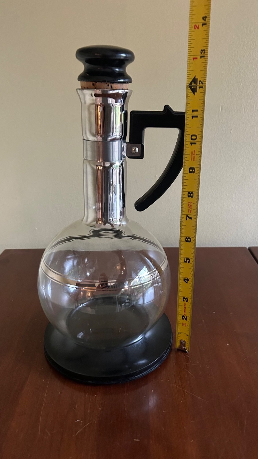 Vintage Mid Century Inland Glass Carafe Decanter Bakelite Handle Platinum Trim Vintage Mid Century Inland Glass Carafe Decanter Bakelite Handle Platinum Trim