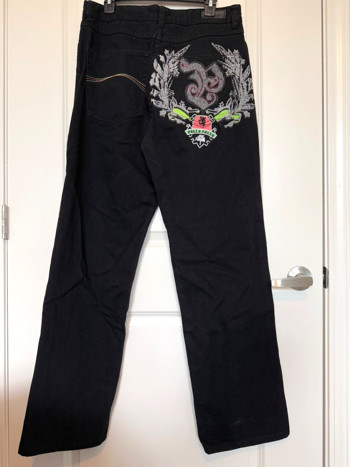 Vtg Pelle Pelle Black Baggy Jeans Mens 34x34 Embroidered Y2K Crest Logo Hip Hop