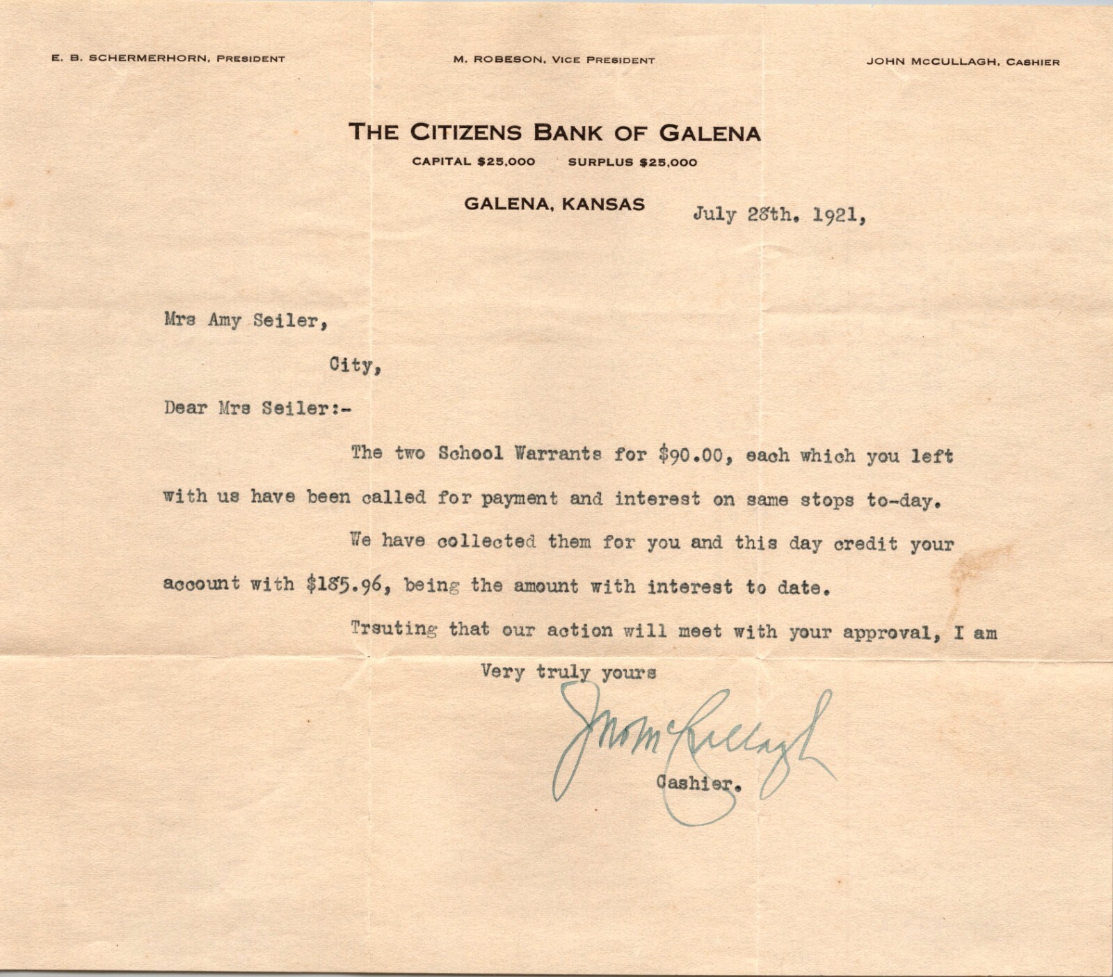 Citizens Bank of Galena Kansas 1921 Letterhead Citizens Bank of Galena Kansas 1921 Letterhead