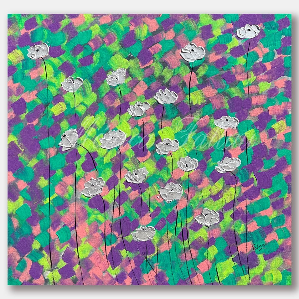 Silver Poppies ORIGINAL painting on canvas 22 x 22 inch by Monica Fallini