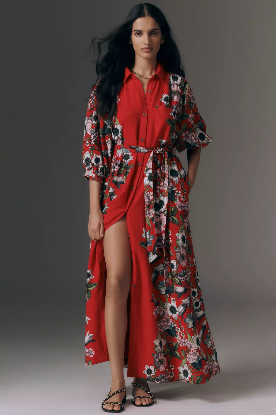 Anthropologie The Mona Linen Maxi Shirt Dress by Maeve Red Floral 1X NEW NO BELT