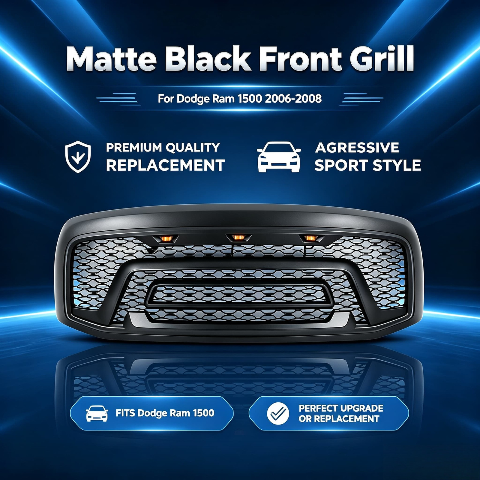 US Stock Front Grill for Dodge Ram 1500 2006-2008 Matte Black W/ LED fast ship
