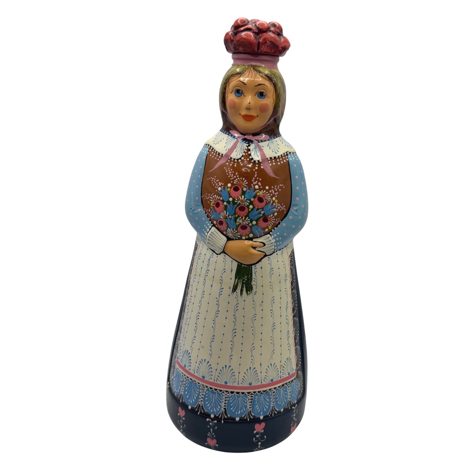 Vintage German Hand Painted Glass Woman Bottle Decanter Folk Art Figurine 10.25