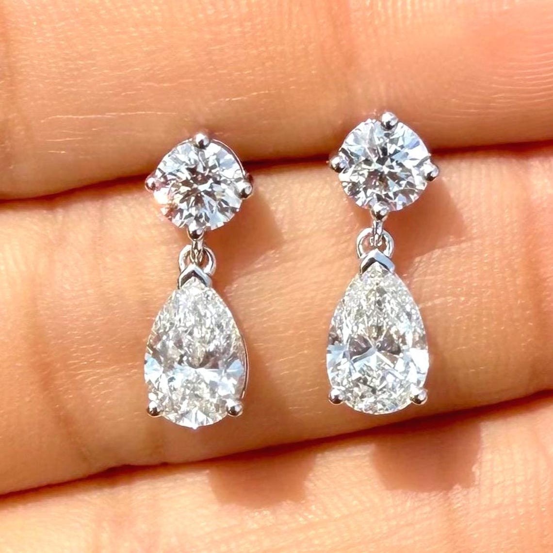 3.00 Ct Round & Pear Cut Natural HPHT Diamond Drop Earrings 925 Silver 14K Gold 3.00 Ct Round & Pear Cut Natural HPHT Diamond Drop Earrings 925 Silver 14K Gold