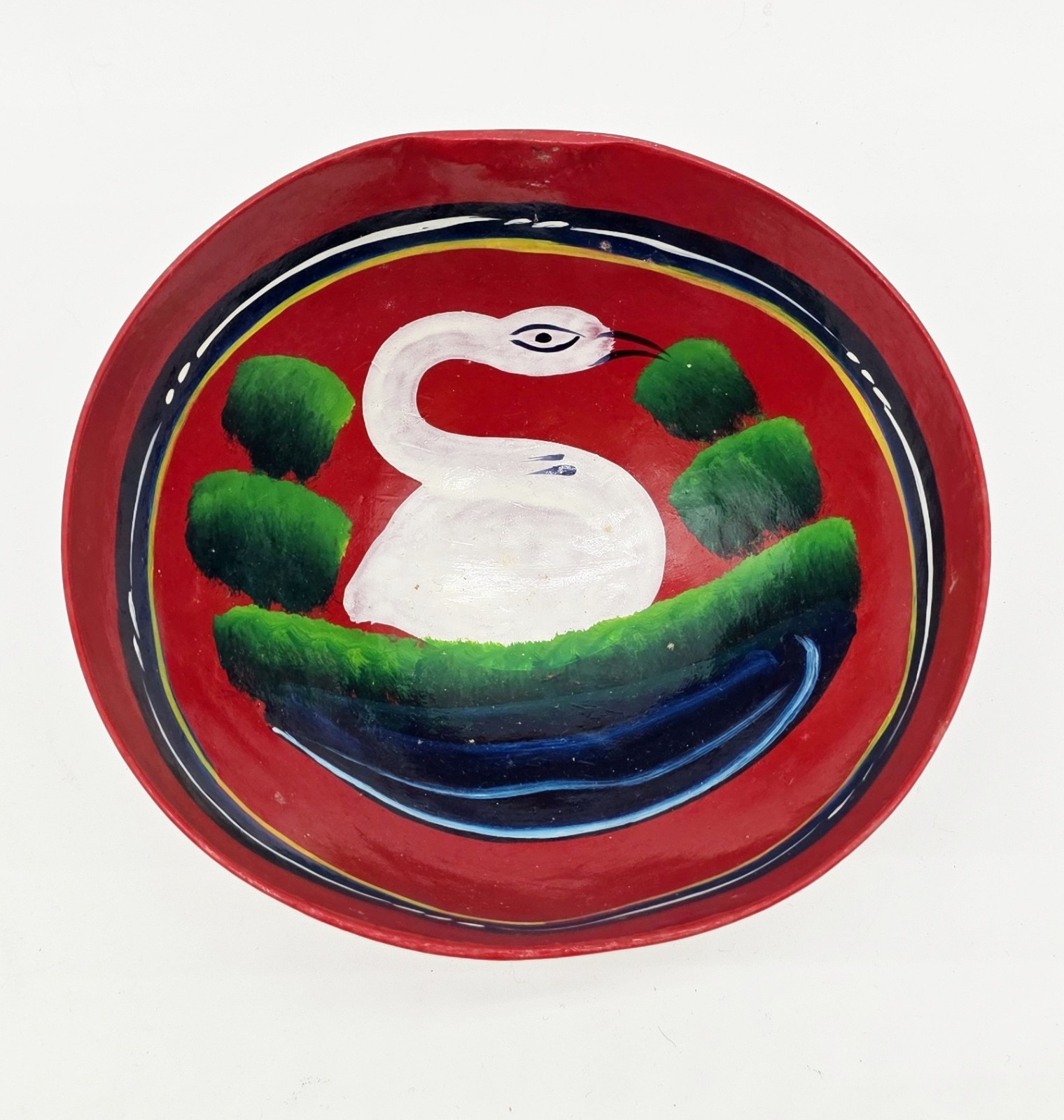 Vintage Olinalá Mexican Folk Art Lacquerware Gourd Bowl Swan & Floral Hand Paint