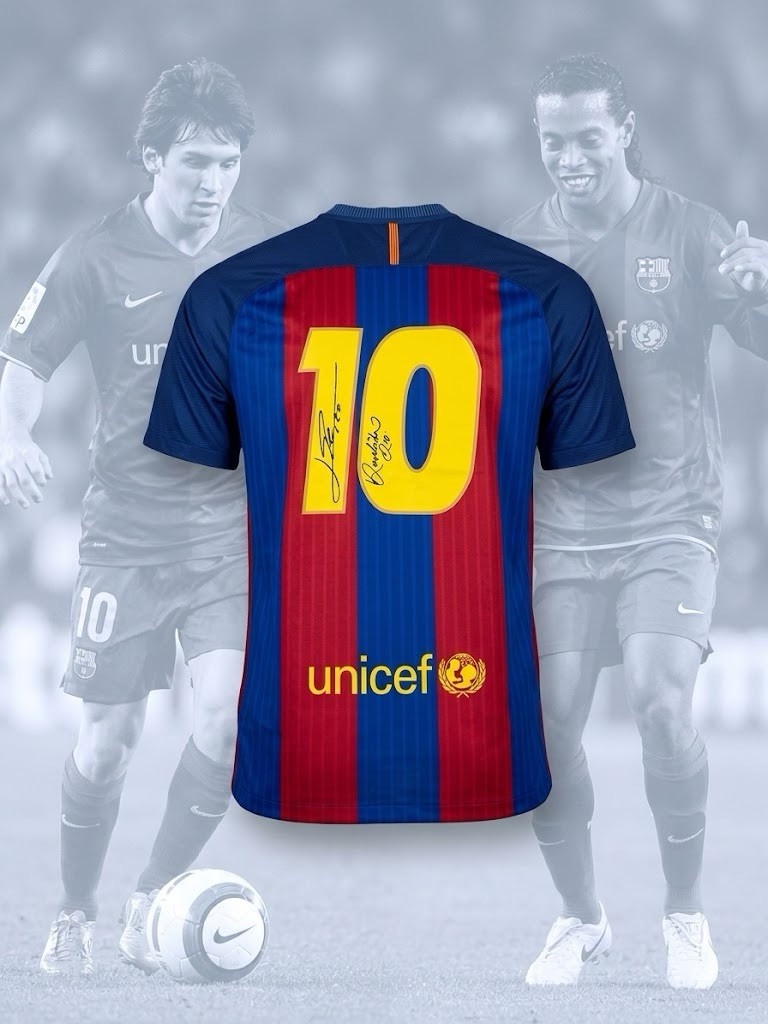 Lionel Messi Ronaldinho Signed Dual FC Barcelona 16/17 Jersey with ICONS COA Lionel Messi Ronaldinho Signed Dual FC Barcelona 16/17 Jersey with ICONS COA